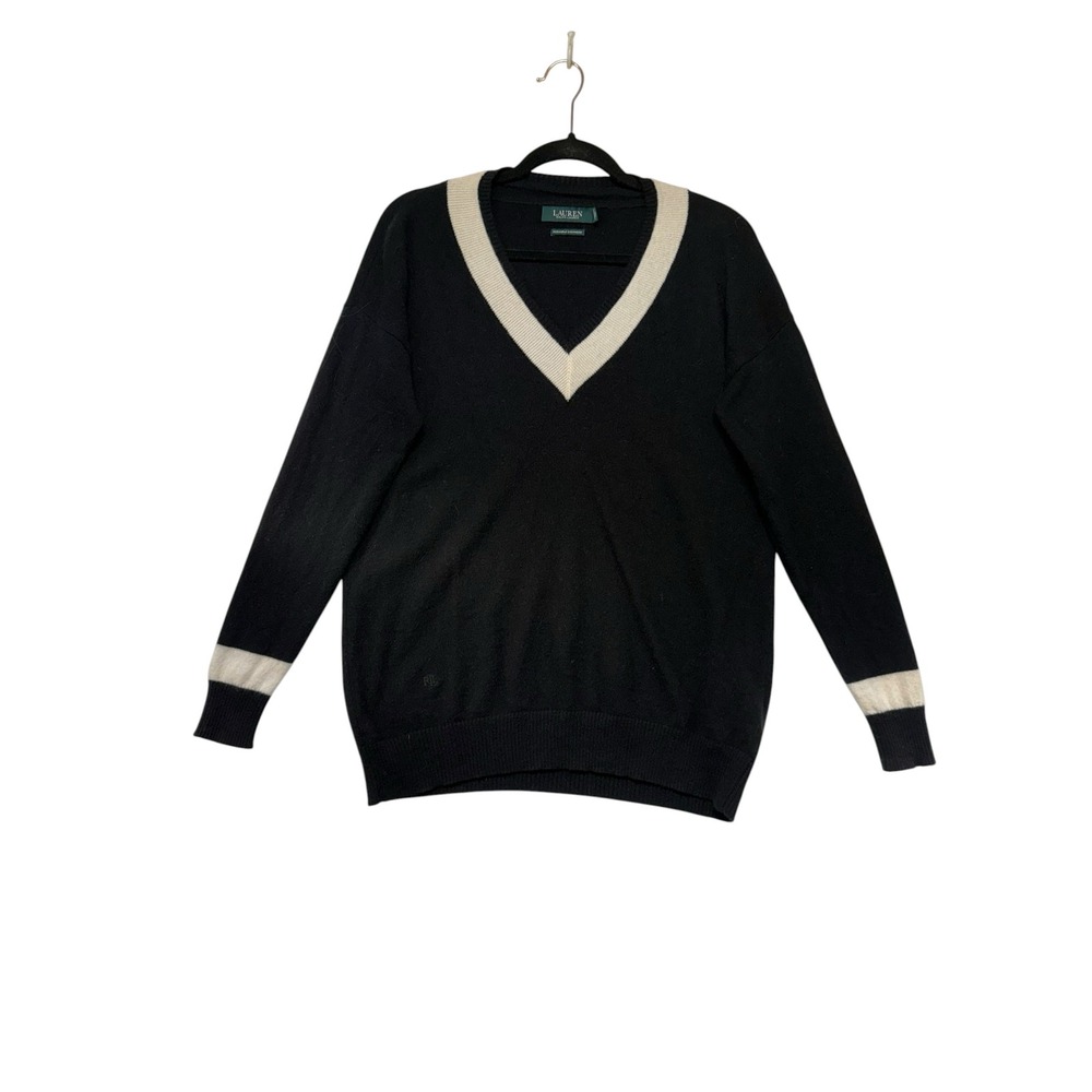 Lauren Ralph Lauren Washable Cashmere V-Neck Sweater Black Cream Size M